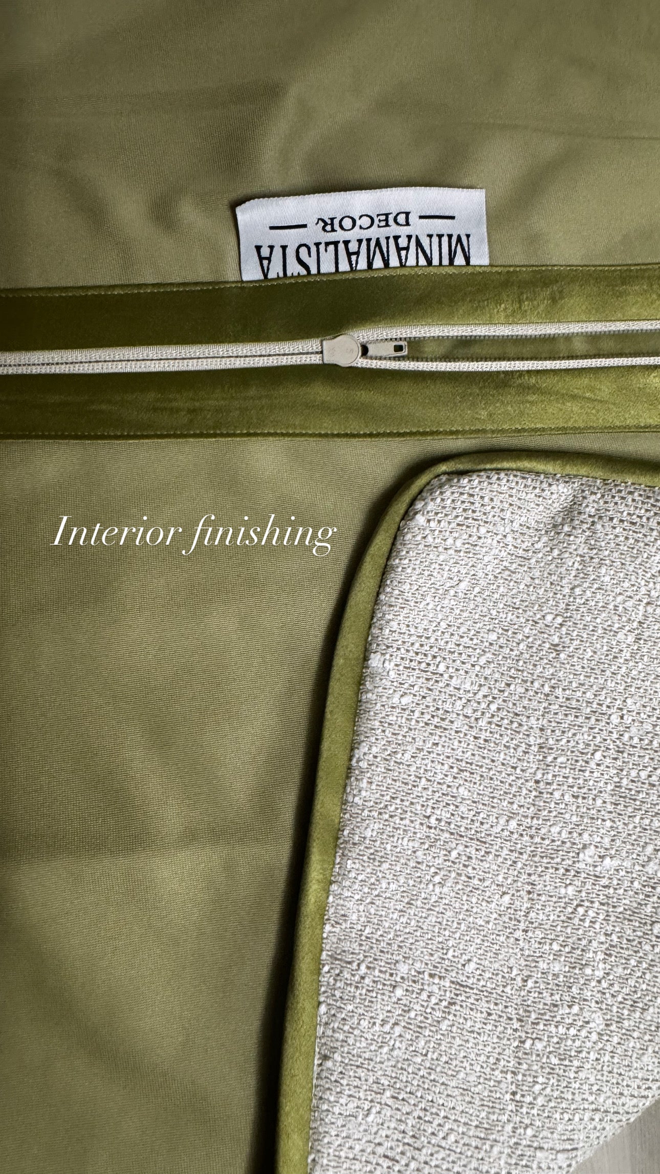 Victory Through Faith & Endurance — Ivory Bouclé Cushion with Olive Velvet Trim (55×55 cm | Premium Duck Down Cushion)