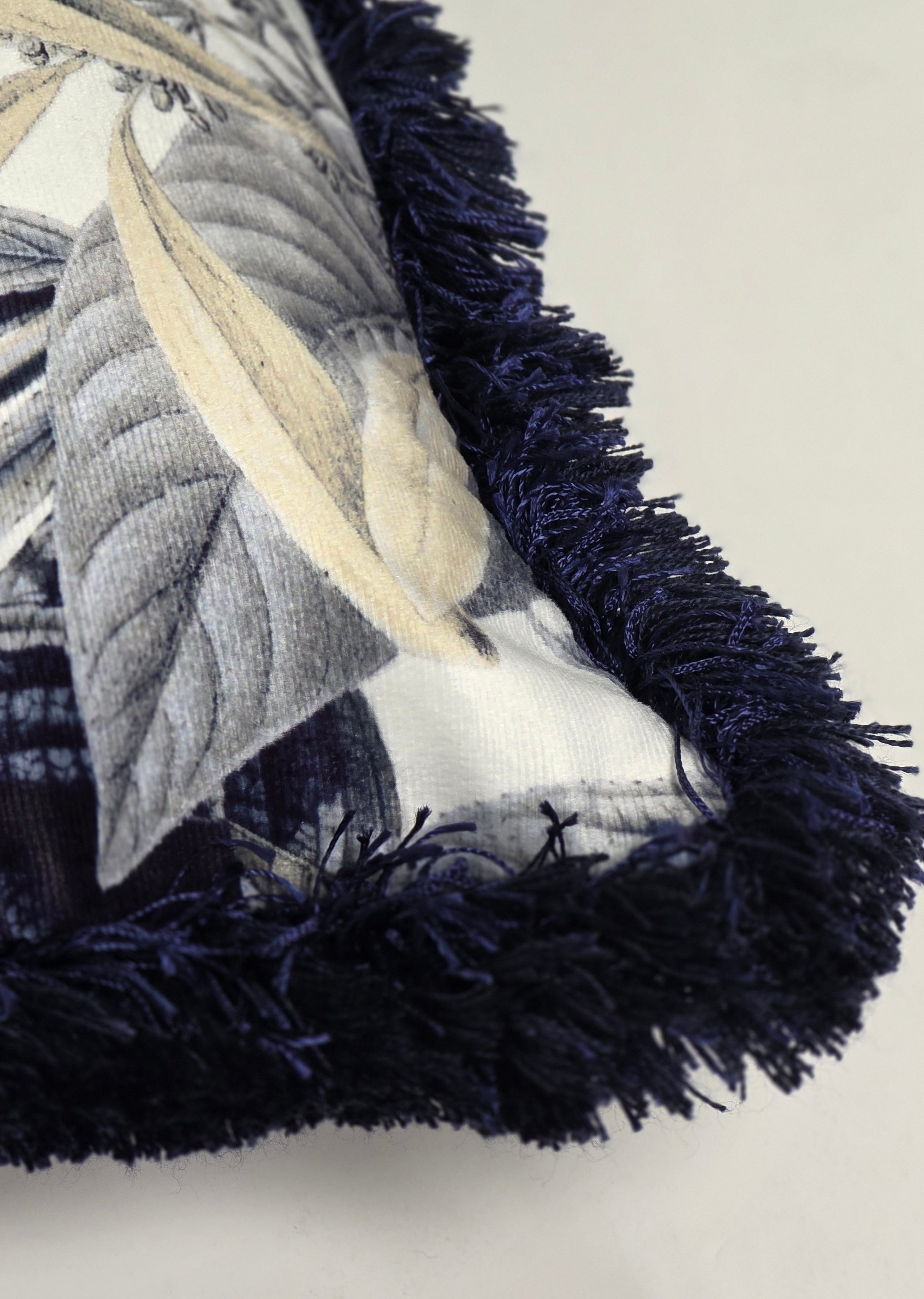 Gethsemane Flora — Navy Fringe (35×50 cm) | Premium Duck Down Cushion