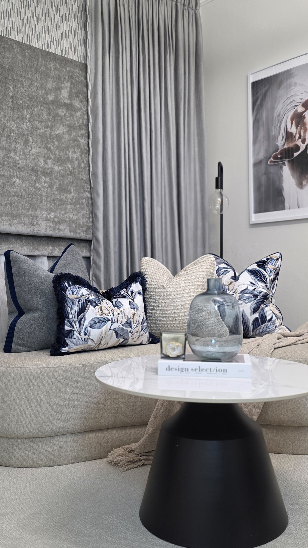 Gethsemane Flora — Navy Piping (50×50 cm) | Premium Duck Down Cushion