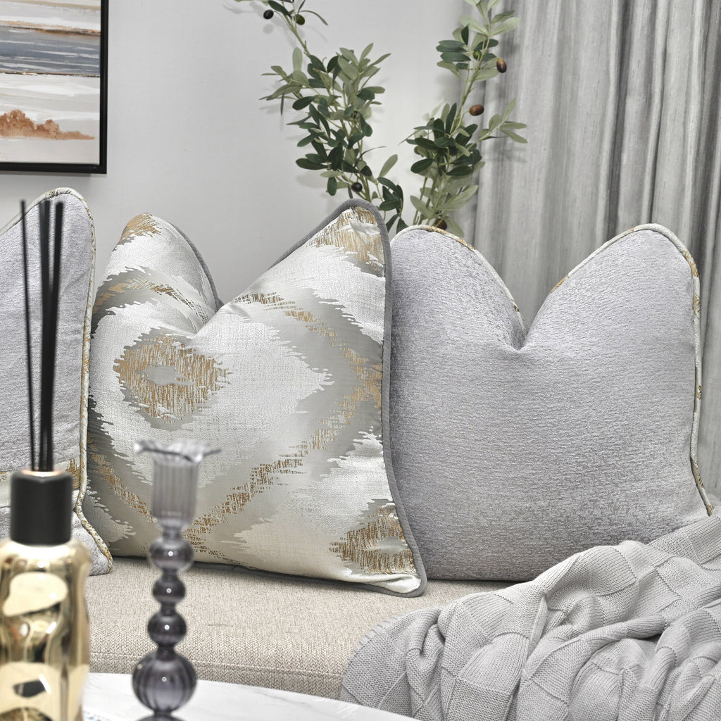 Coated In Glory — Silver & Gold Radiance with Grey Velvet Piping (50×50 cm) | Premium Duck Down Cushion