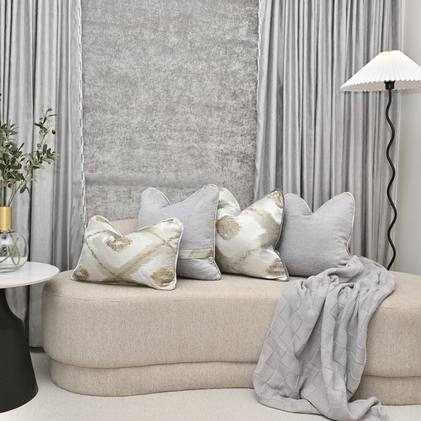 Coated In Glory — Grey Radiance with Gold Piping (50×50 cm) | Premium Duck Down Cushion