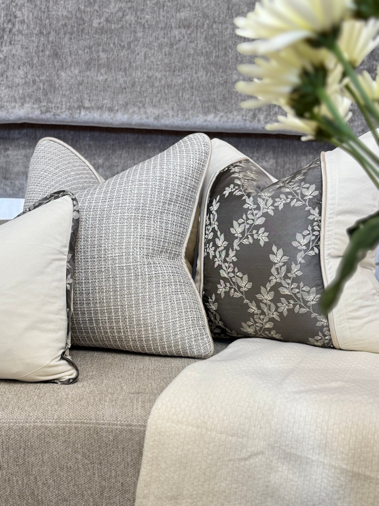 Watering the Seed of Faith — Vine-Inspired Jacquard Cushion (50×50 cm) | Premium Duck Down Cushion