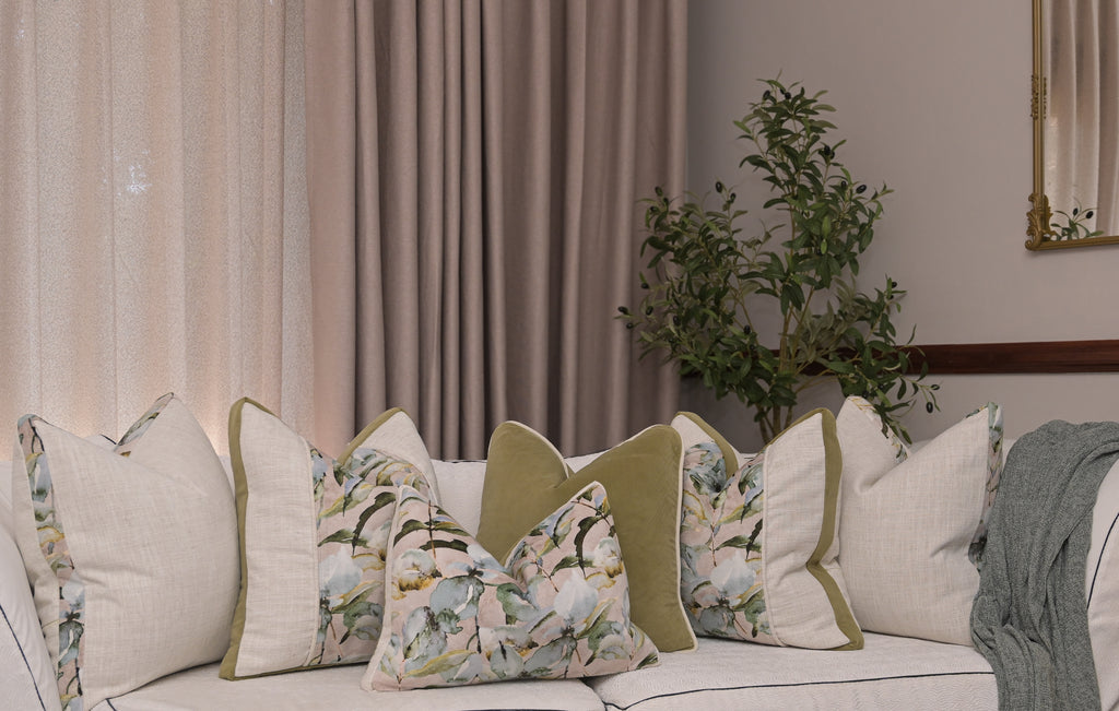 Rest is the Evidence of Faith at Work — Botanical Watercolor Motif with Olive Velvet Box Detailing (50×50 cm) | Premium Duck Down Cushion