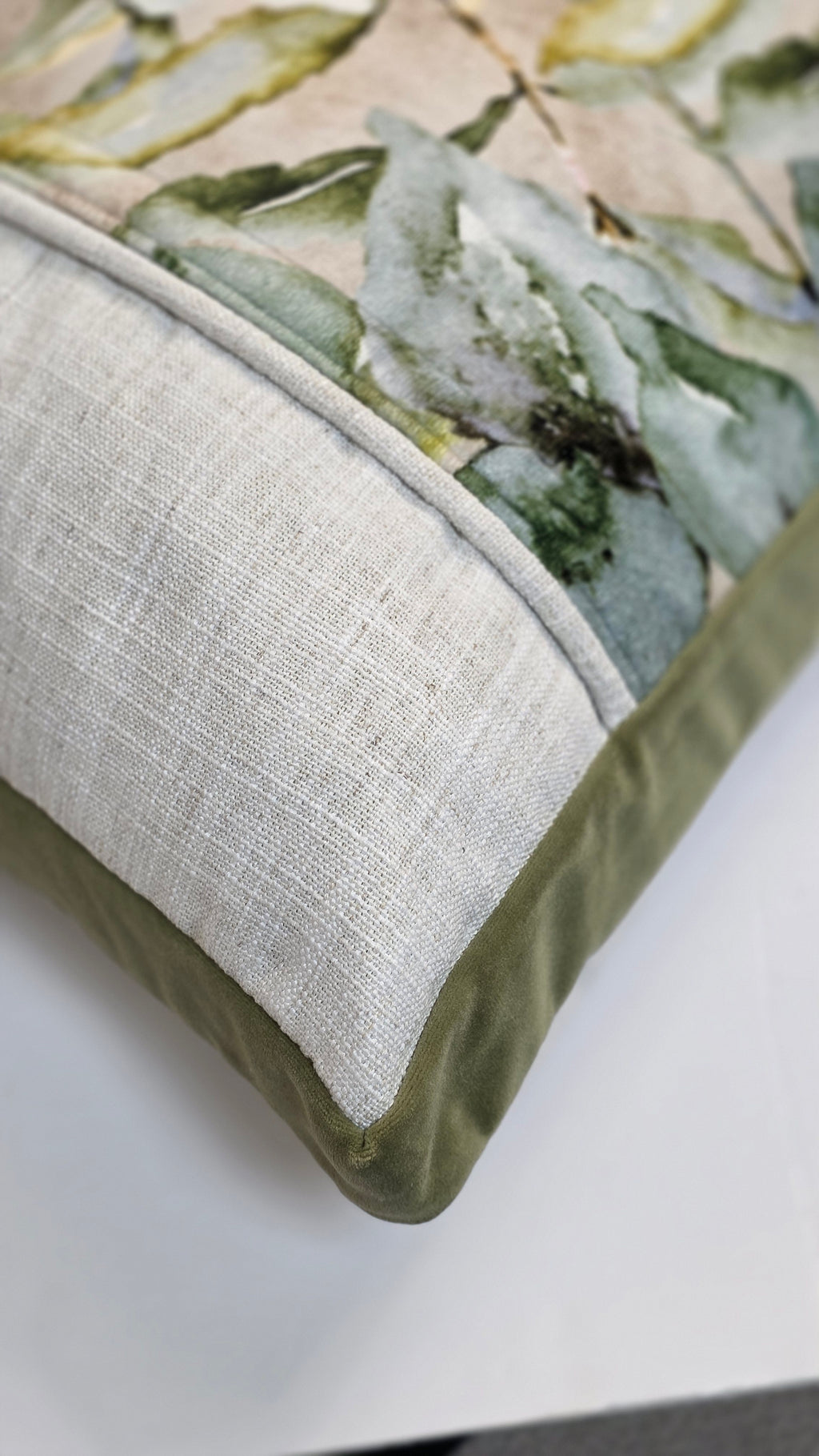 Rest is the Evidence of Faith at Work — Botanical Watercolor Motif with Olive Velvet Box Detailing (50×50 cm) | Premium Duck Down Cushion
