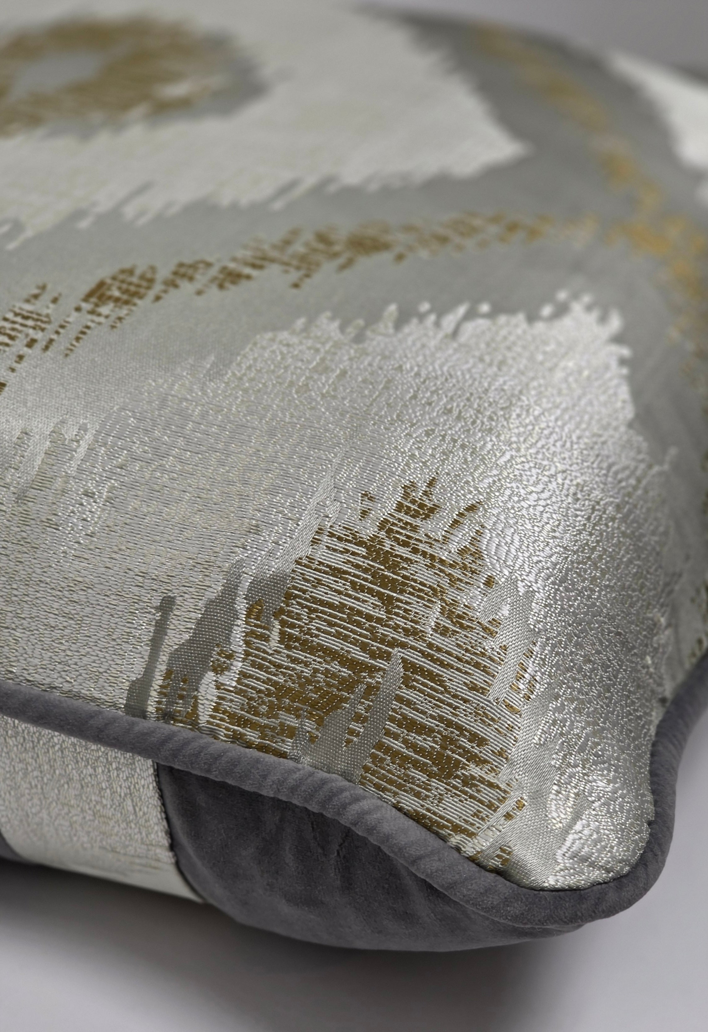 Coated In Glory — Silver & Gold Radiance with Grey Velvet Piping (50×50 cm) | Premium Duck Down Cushion