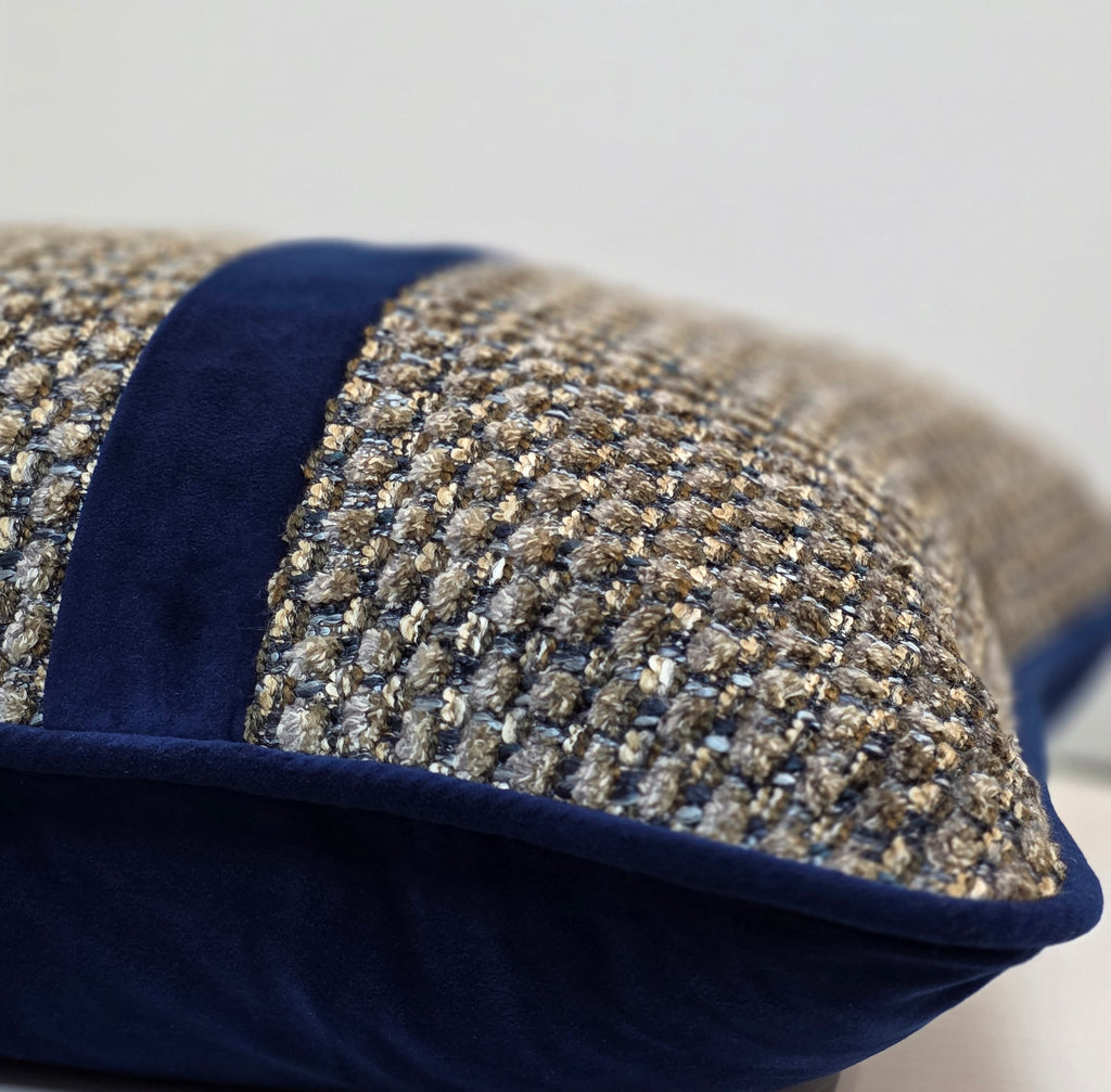 Faith That Overcomes — Woven with Navy Velvet Band Elegance (50×50 cm) | Premium Duck Down Cushion