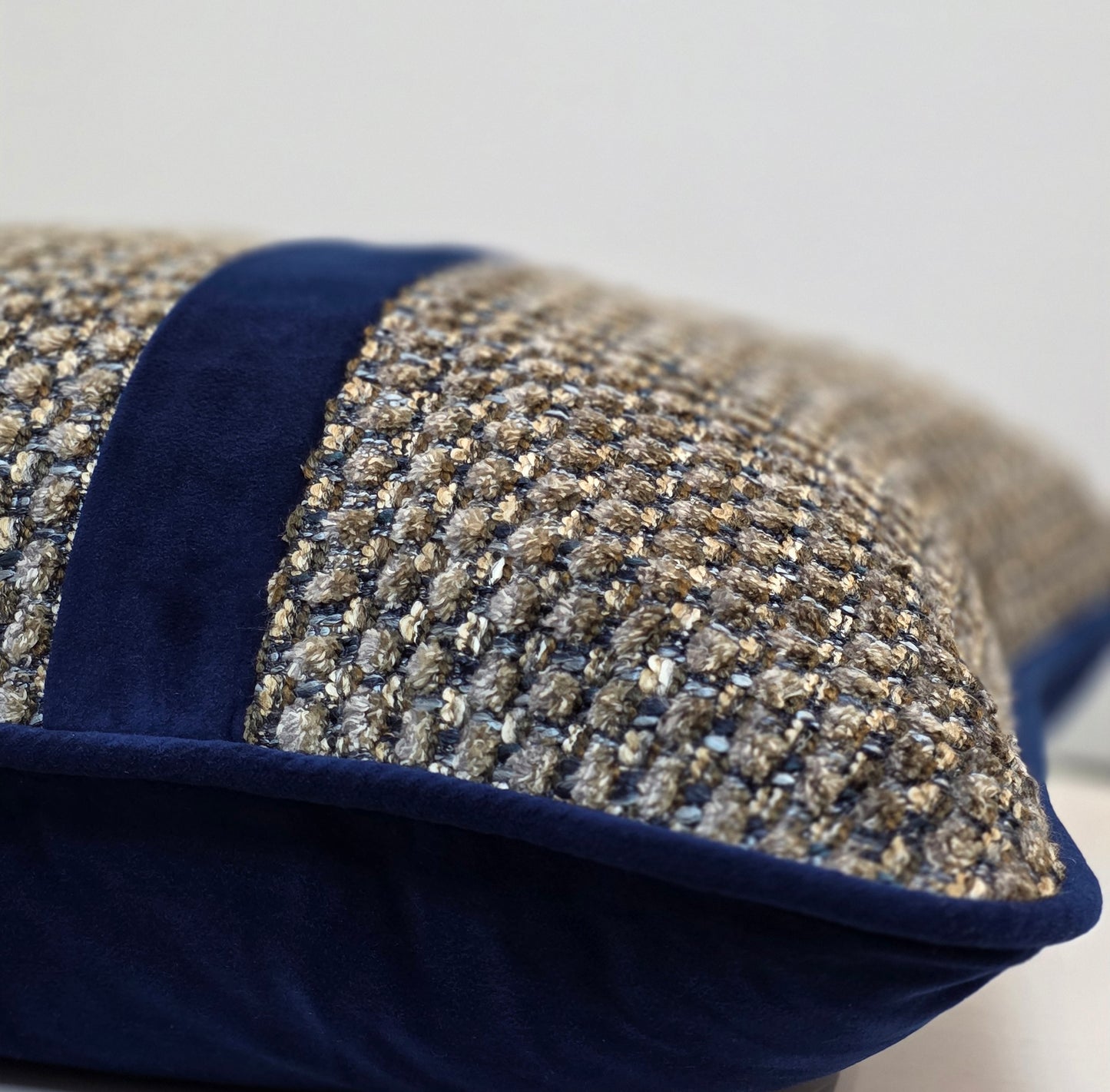 Faith That Overcomes — Woven with Navy Velvet Band Elegance (50×50 cm) | Premium Duck Down Cushion