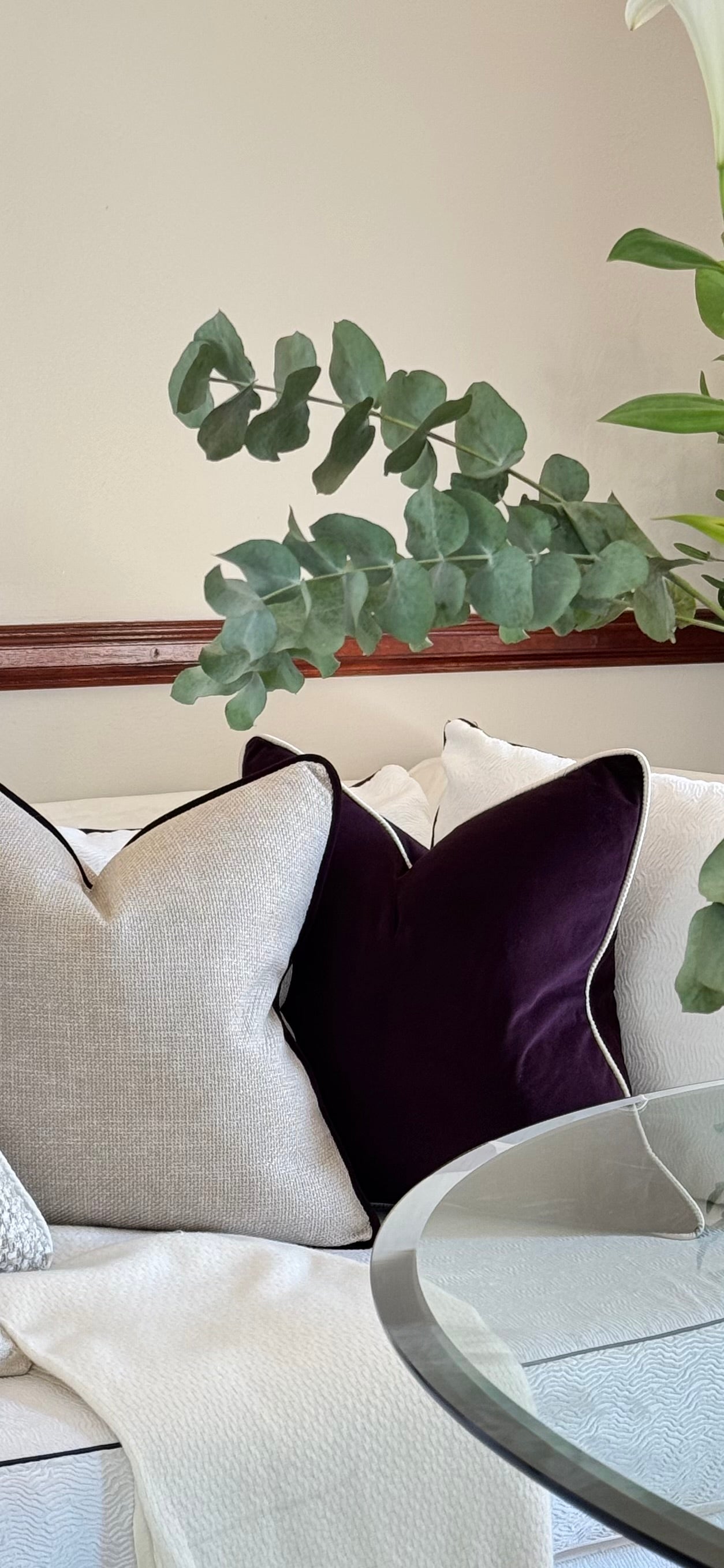 The Blood That Justified  Us Through Faith — Deep Royal Plum Velvet (50×50 cm) | Premium Duck Down Cushion