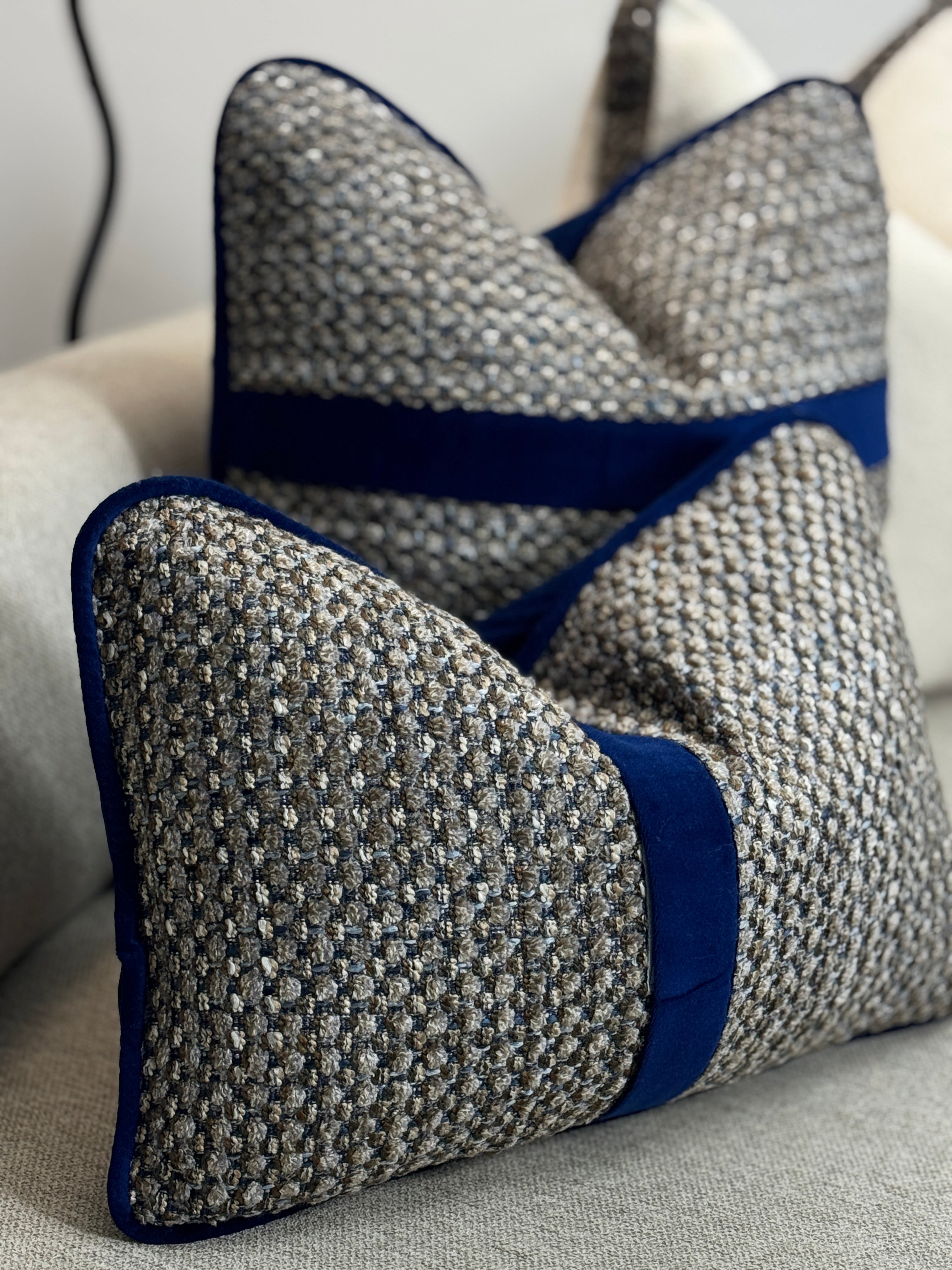 Faith That Overcomes — Woven with Navy Velvet Band Elegance (50×50 cm) | Premium Duck Down Cushion