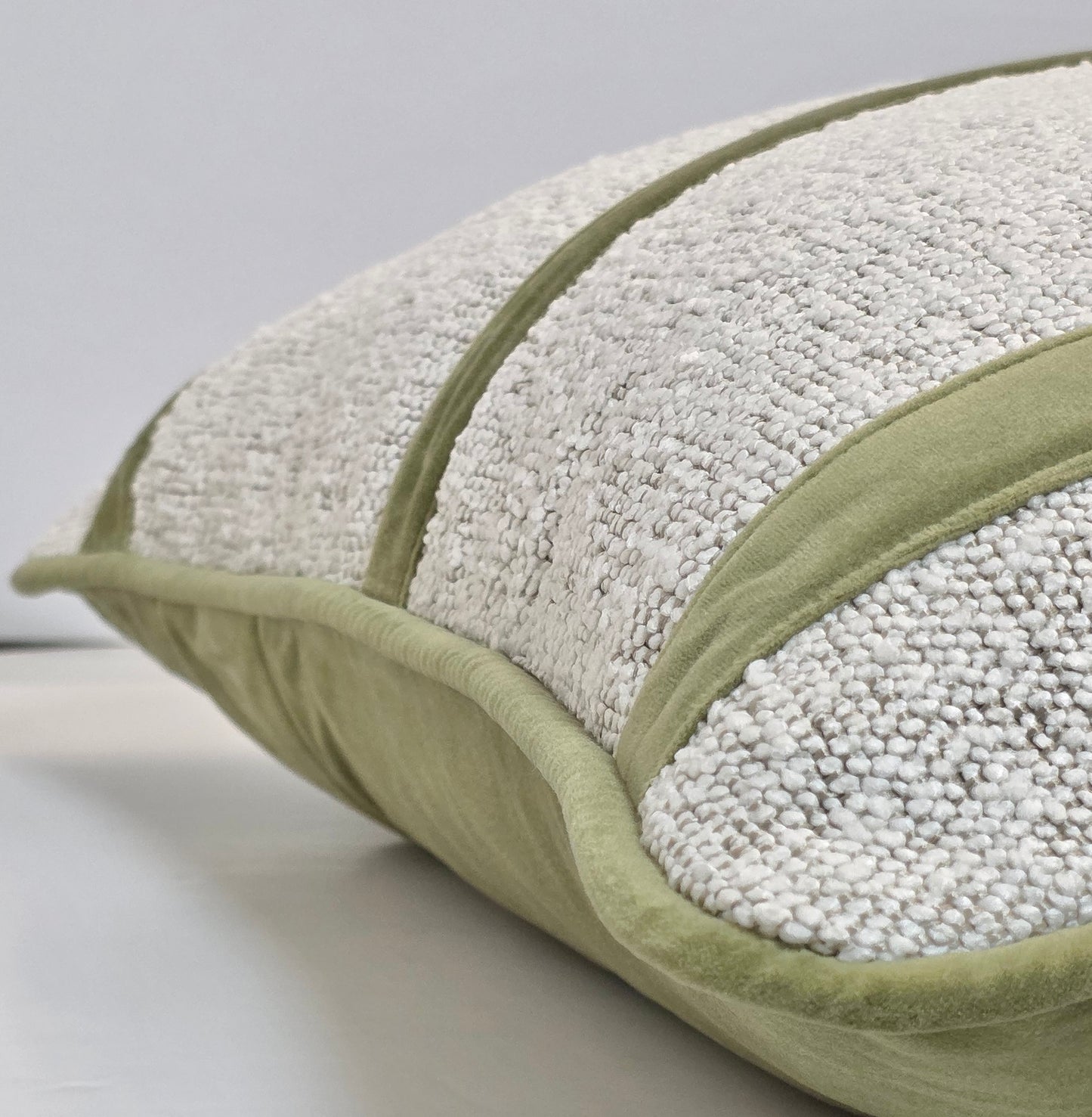 Victory Through Faith & Endurance — Ivory Bouclé Cushion with Olive Velvet Trim  (55×55 cm | Premium Duck Down Cushion)