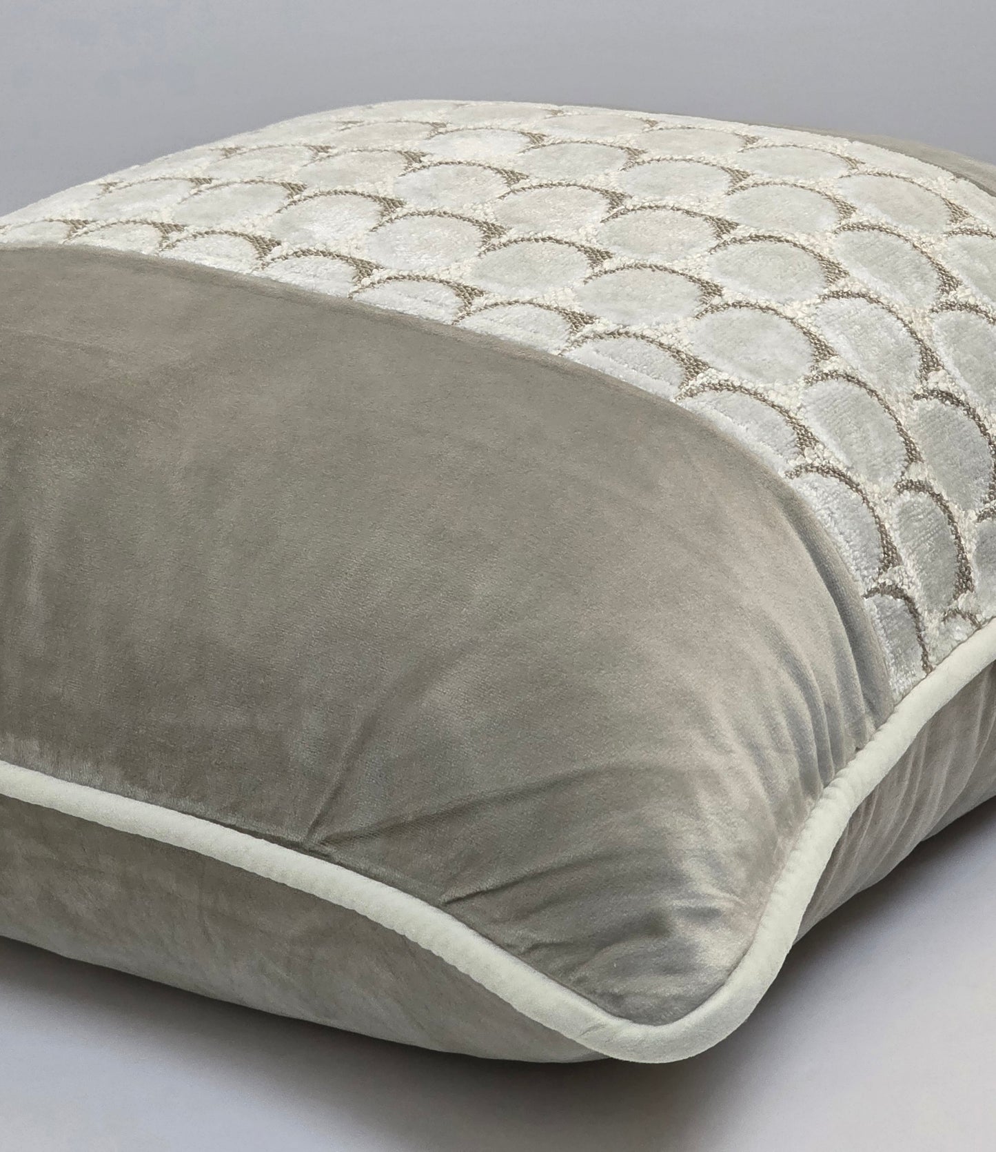Salvation Is a Gift — Soft Taupe Velvet Scalloped Panel Cushion  (55×55 cm | Premium Duck Down Cushion)