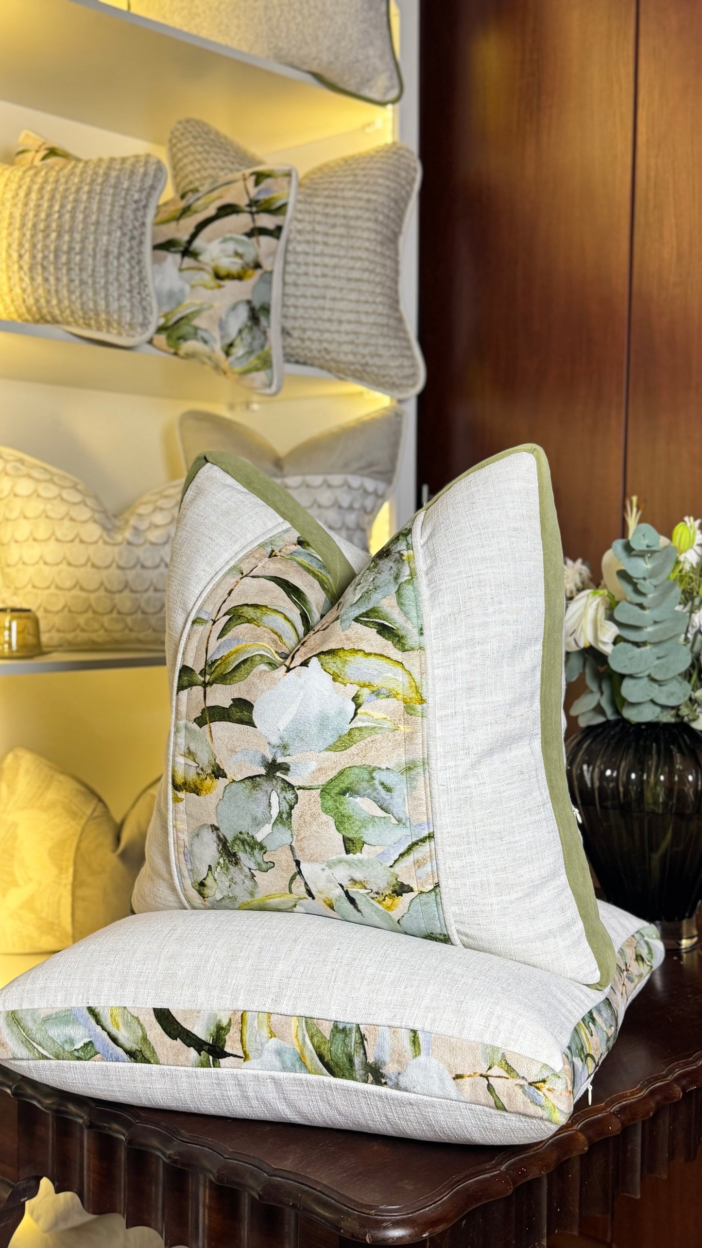 Rest is the Evidence of Faith at Work — Botanical Watercolor Motif with Olive Velvet Box Detailing (50×50 cm) | Premium Duck Down Cushion