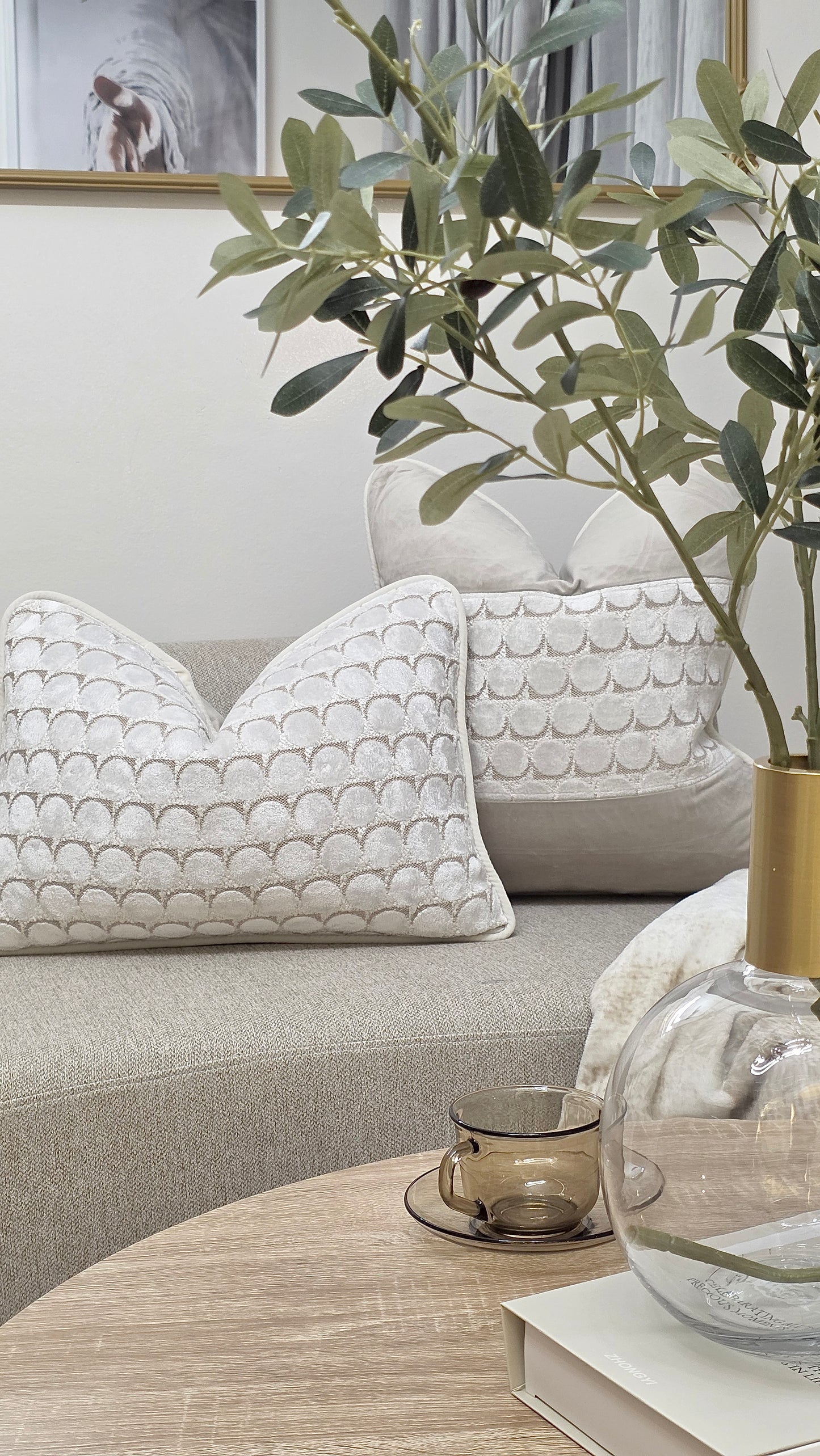 Salvation Is a Gift — Soft Taupe Velvet Scalloped Panel Cushion  (55×55 cm | Premium Duck Down Cushion)