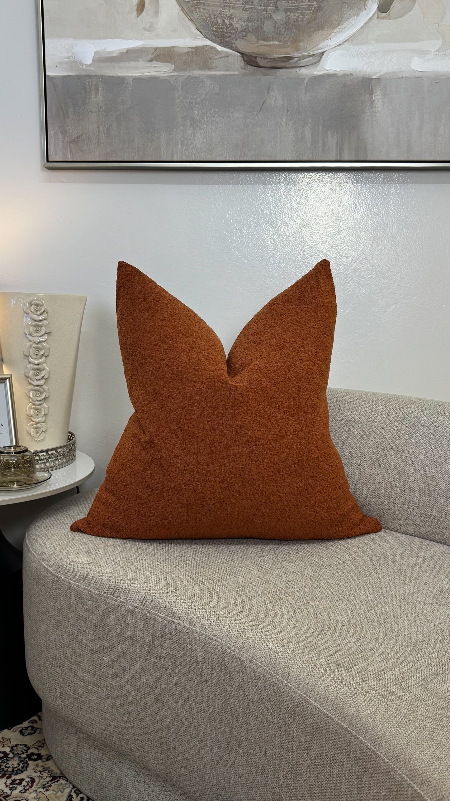 Holiness — Burnt Orange Bouclé Cushion  (55×55 cm | Premium Duck Down Cushion)