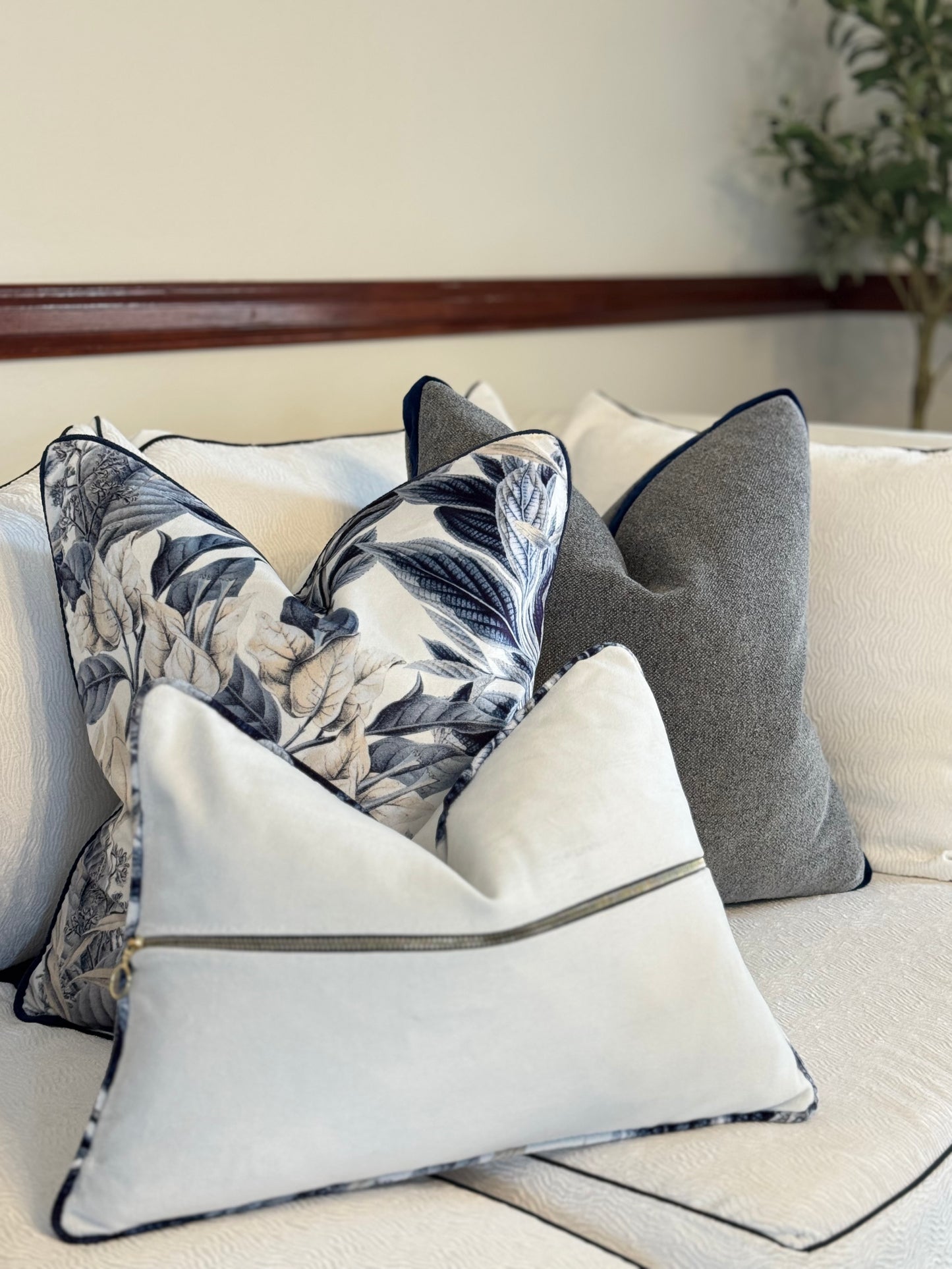 Gethsemane Flora — Grey Piped (50×50 cm) | Premium Duck Down Cushion