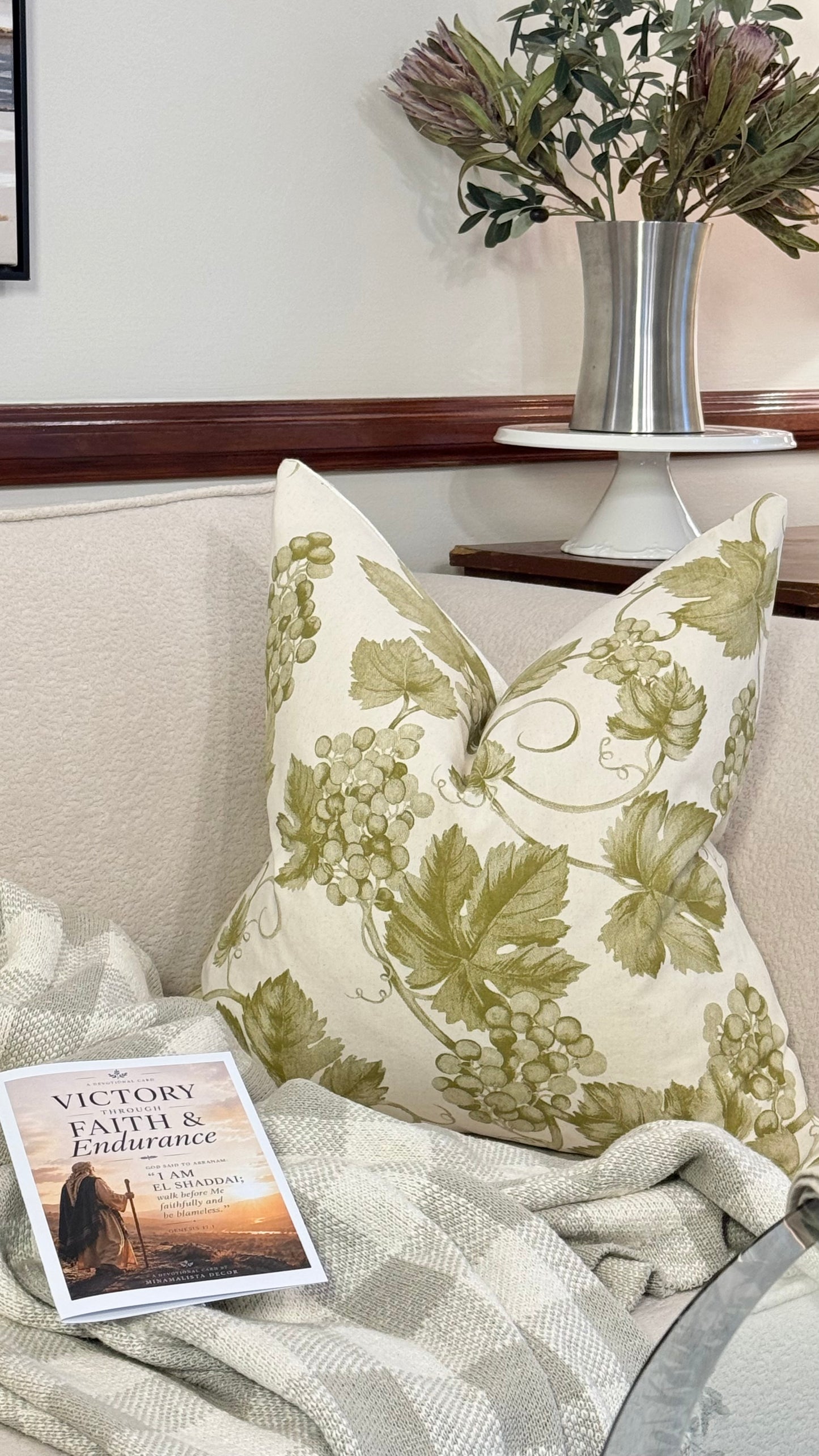 Victory — Olive Vine Linen Cushion  (55×55 cm | Premium Duck Down Cushion)
