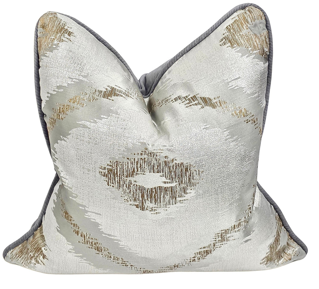 Coated In Glory — Silver & Gold Radiance with Grey Velvet Piping (50×50 cm) | Premium Duck Down Cushion