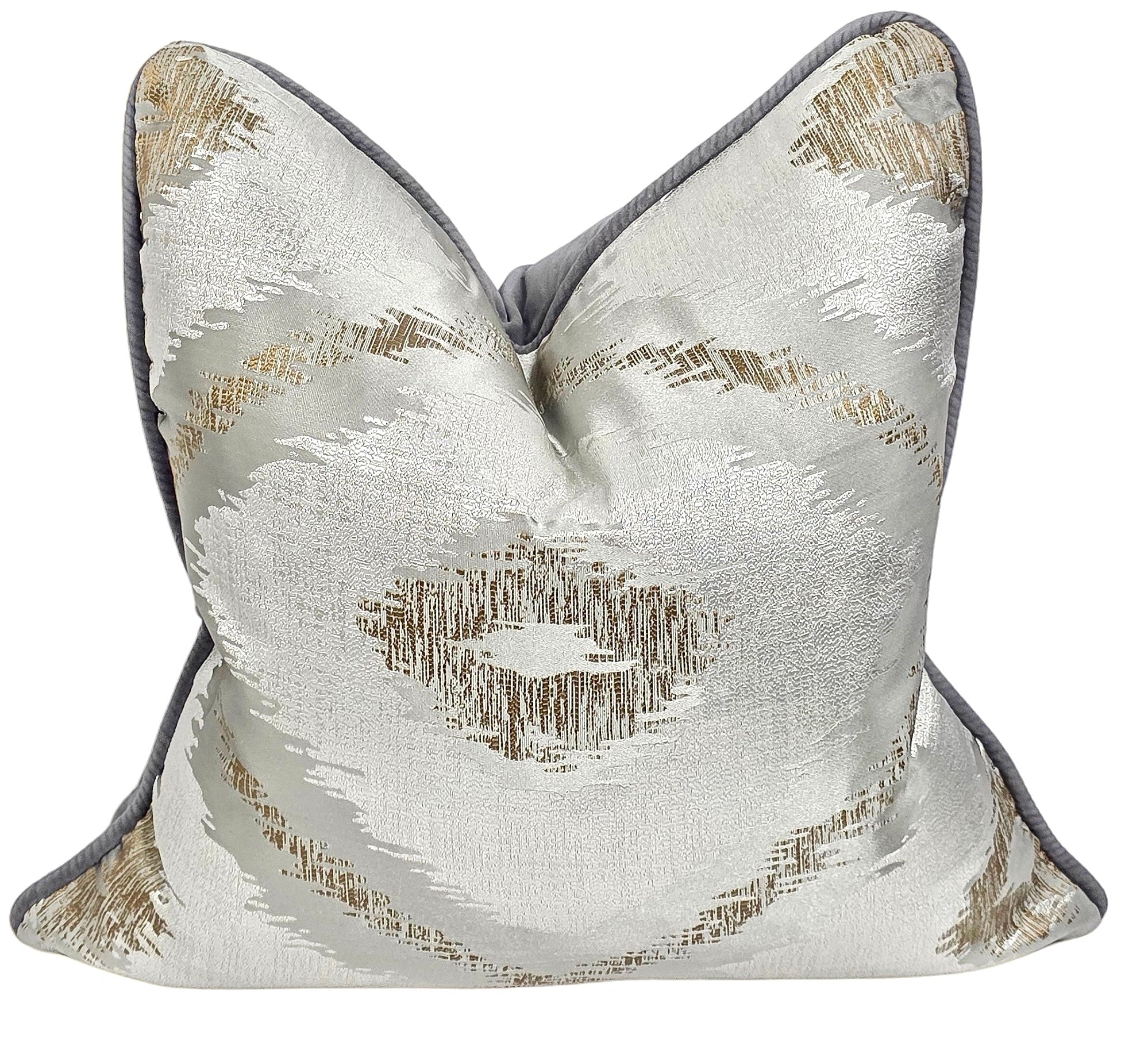 Coated In Glory — Silver & Gold Radiance with Grey Velvet Piping (50×50 cm) | Premium Duck Down Cushion