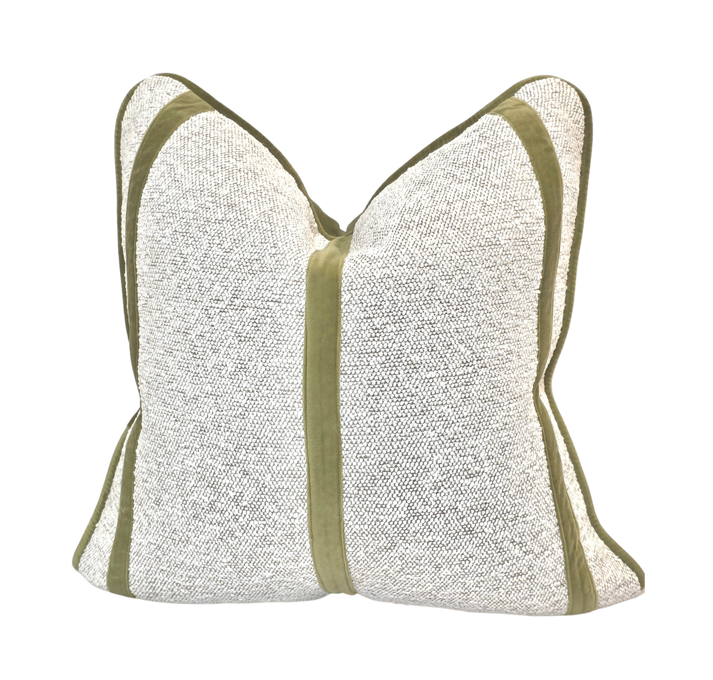 Victory Through Faith & Endurance — Ivory Bouclé Cushion with Olive Velvet Trim  (55×55 cm | Premium Duck Down Cushion)
