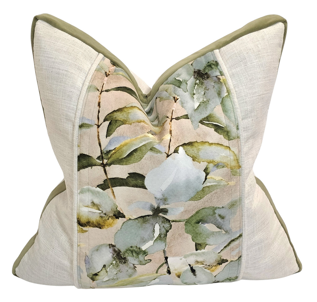 Rest is the Evidence of Faith at Work — Botanical Watercolor Motif with Olive Velvet Box Detailing (50×50 cm) | Premium Duck Down Cushion
